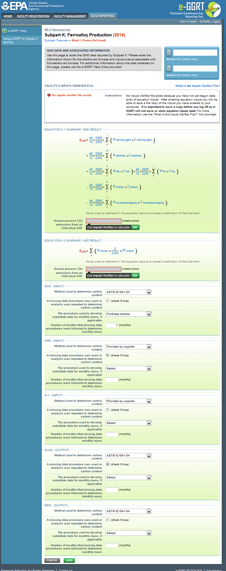 Image of the Subpart K: Ferroalloy Production page that shows equation K-1 summary and results.